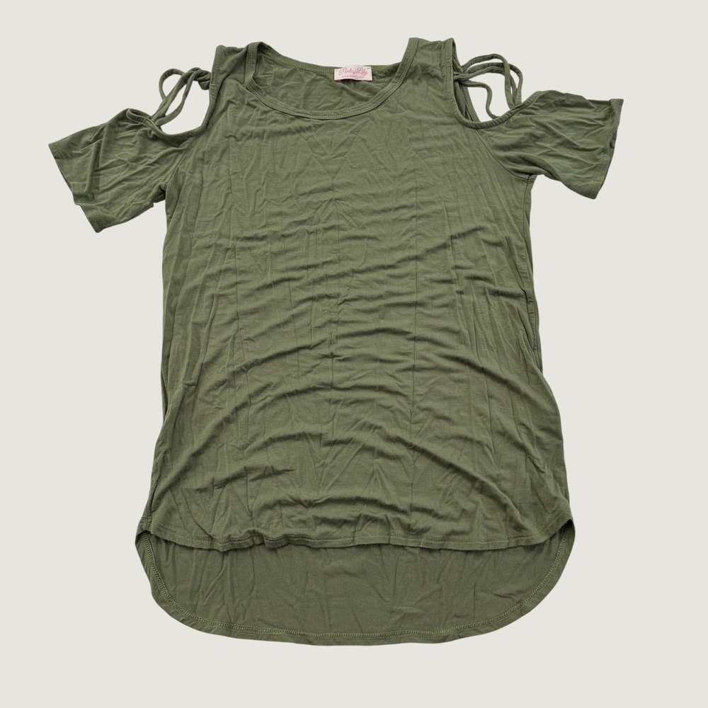 Pink Lily Top Womens Small Olive Green Cold Shoulder Strappy High Low USA Made